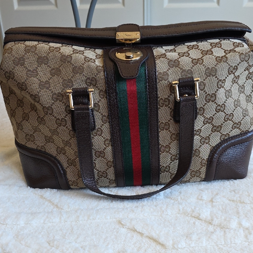 Vintage Tan and Brown Mini Duffel Bag with Green and Red Stripes